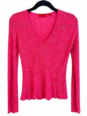VENINI Vintage Hot Pink Sequin V-Neck Long Sleeve Top Size S